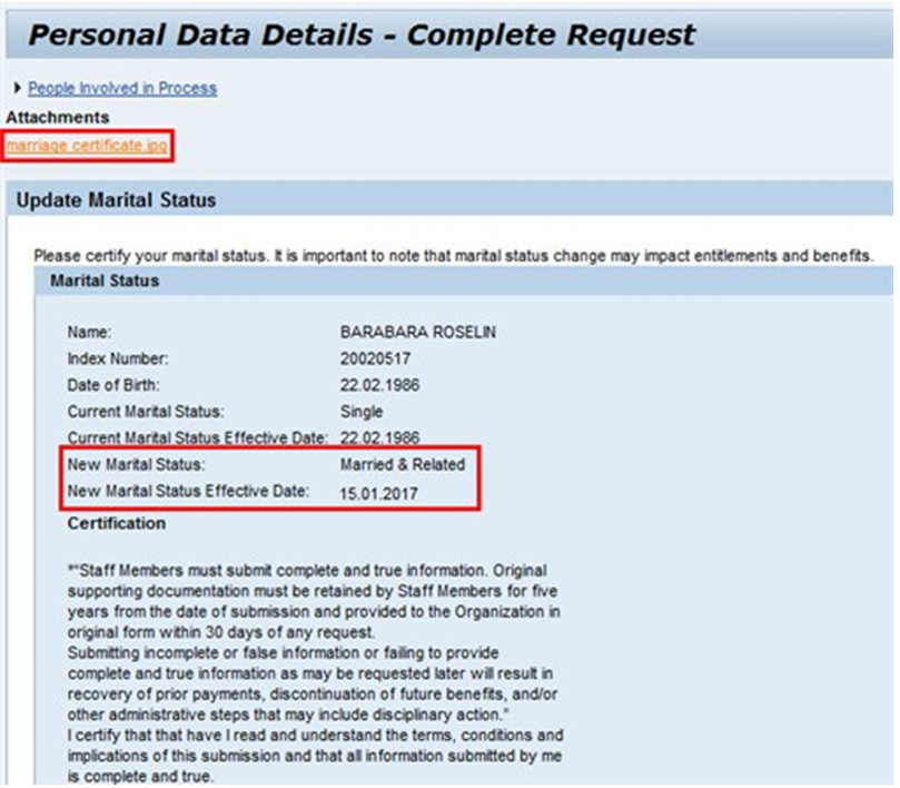 Approve Change in Marital Status Umoja Annual Declaration for HR